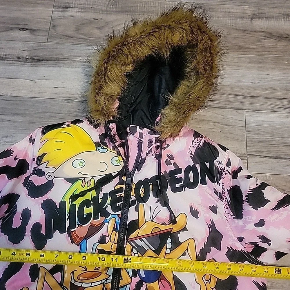 Members Only Nickelodeon Rug Rats Cat Dog Arnold Rocko Fur Pink Puffer Jacket L - Picture 9 of 10